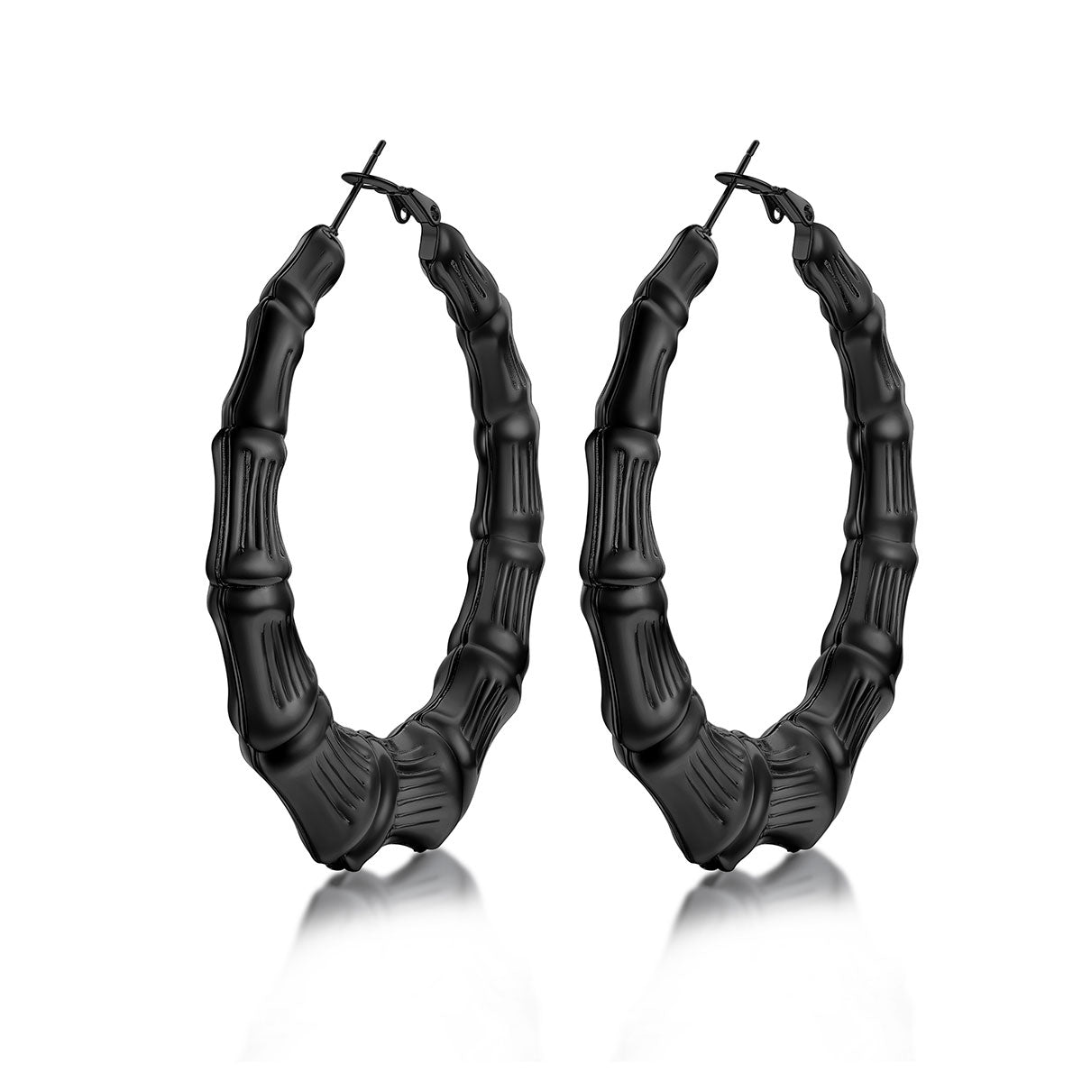 60mm Black bamboo hoop earrings on a white background
