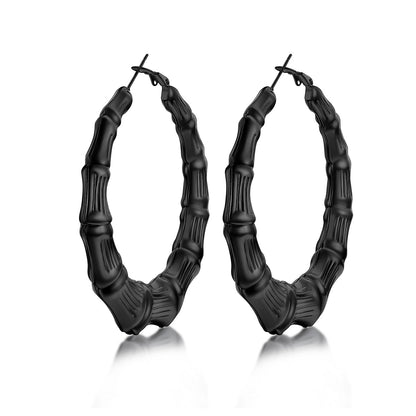 60mm Black bamboo hoop earrings on a white background
