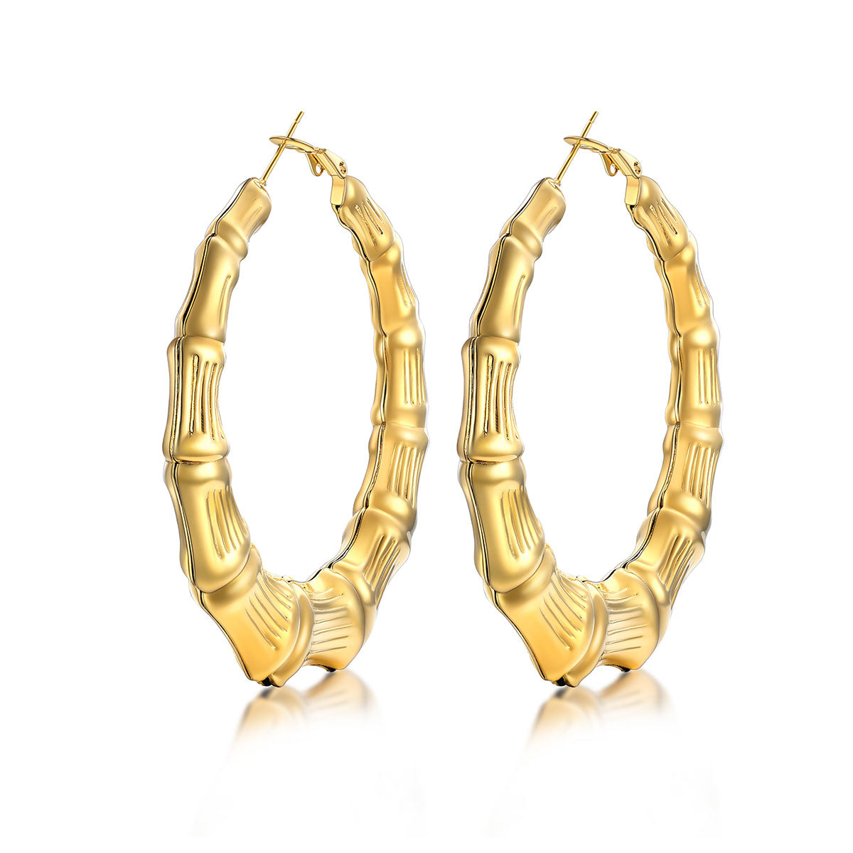60mm Gold bamboo hoop earrings with bamboo design on a white background