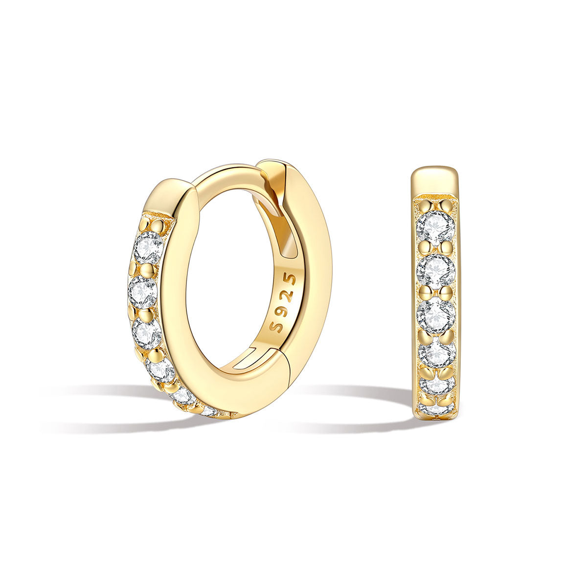 6mm Gold hoop earrings with embedded diamonds on a white background
