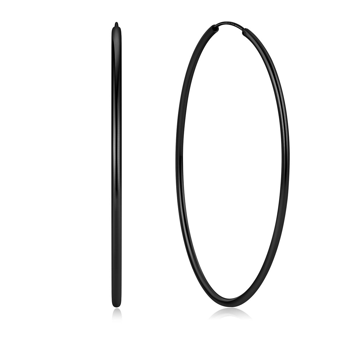 70mm Black Plated hoop earrings on a white background