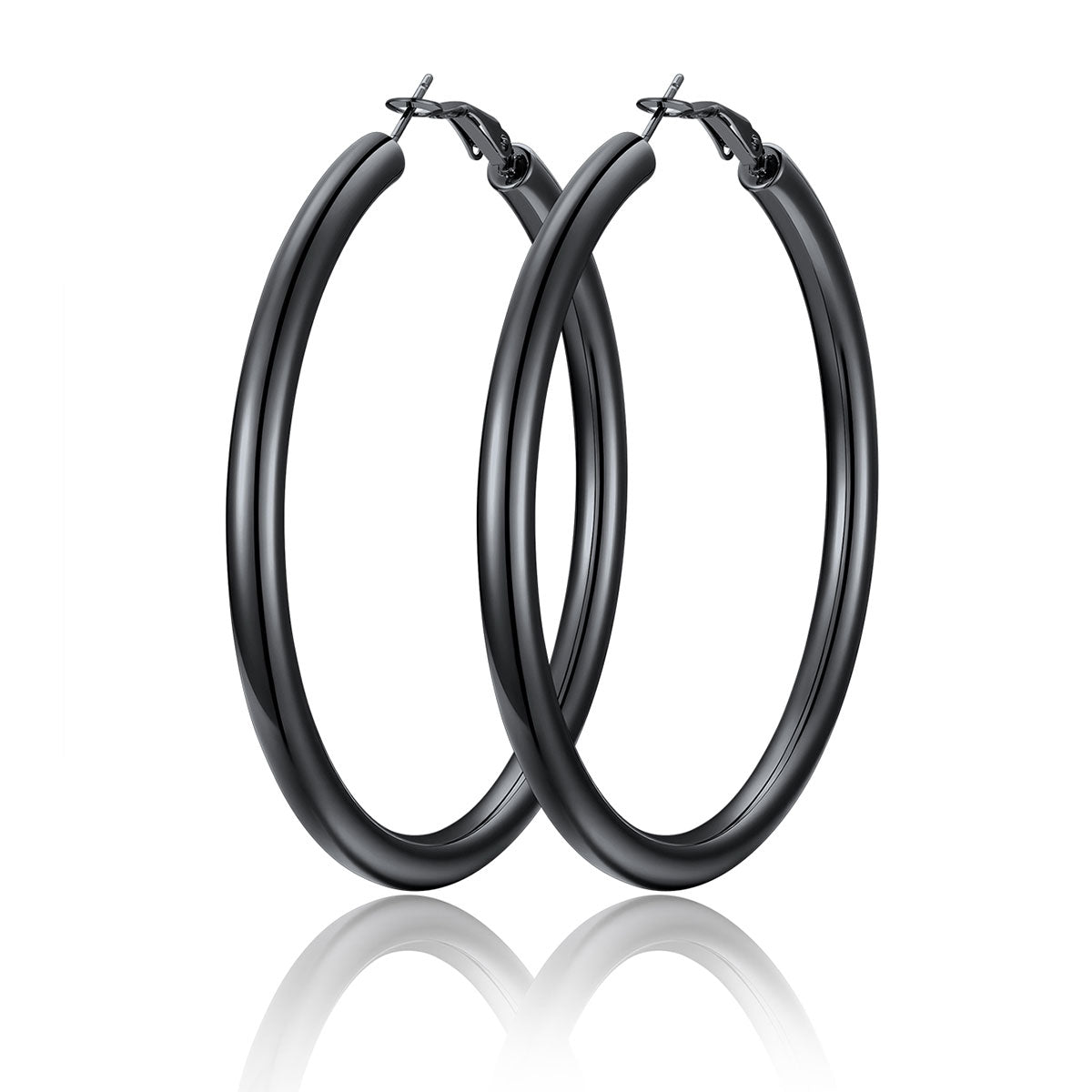 70mm Black hoop earrings on a white background