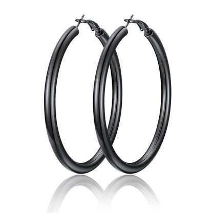 70mm Black hoop earrings on a white background