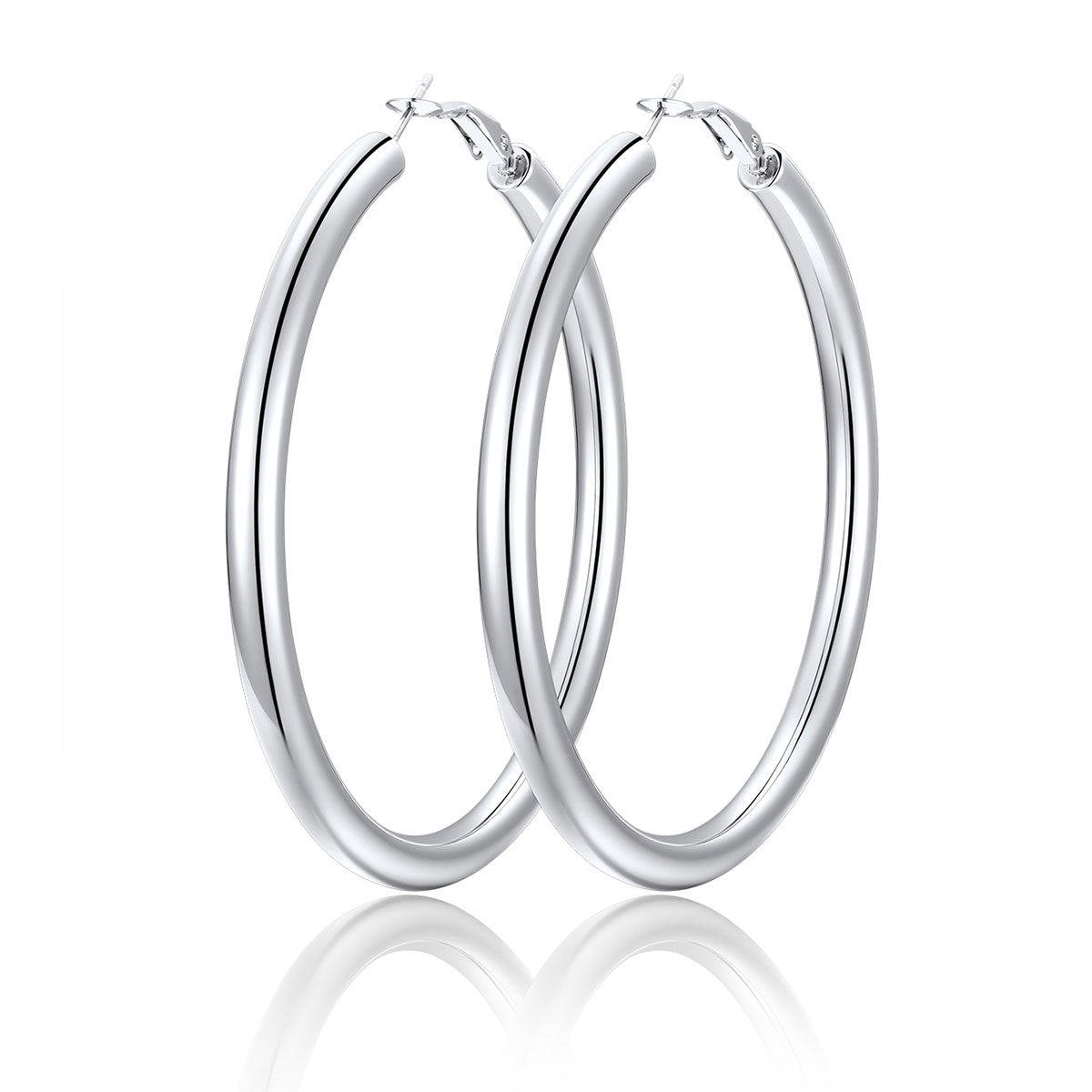 70mm Pair of silver hoop earrings on a white background