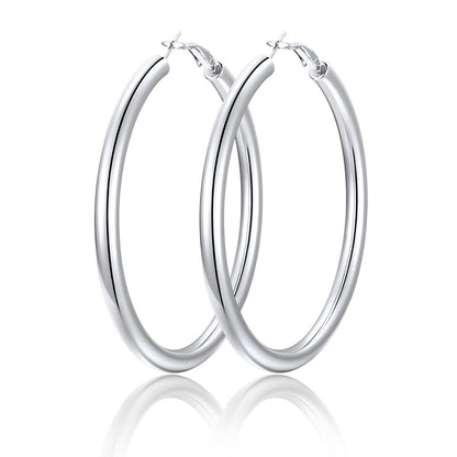 70mm Pair of silver hoop earrings on a white background