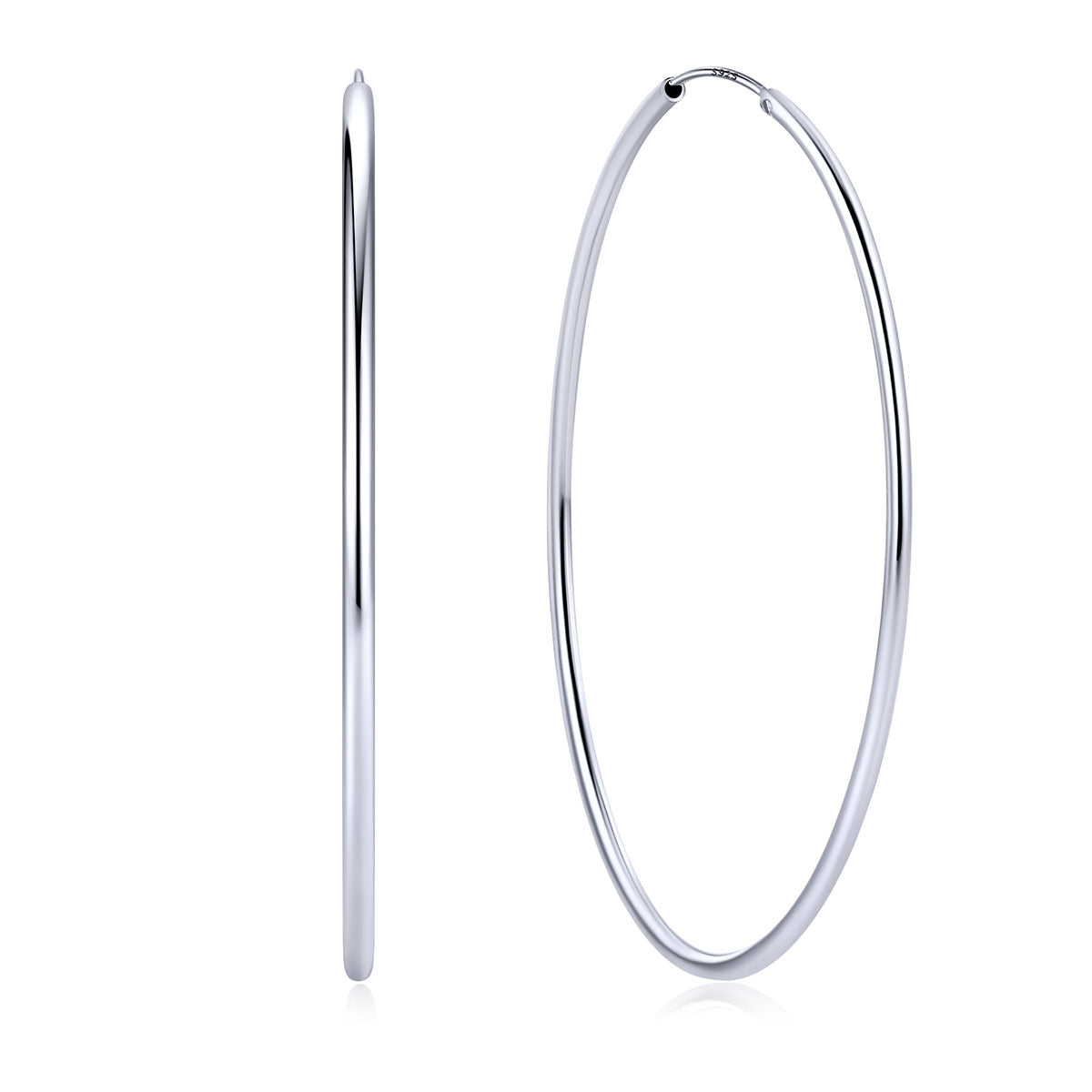 70mm Silver hoop earrings on a white background