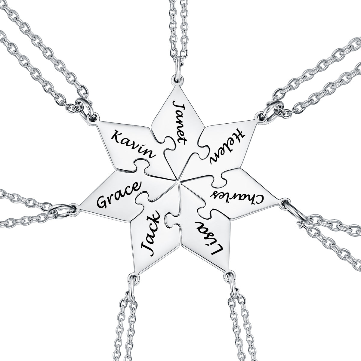 7PCS silver puzzle necklace with interlocking puzzle pieces engraved with names on a white background
