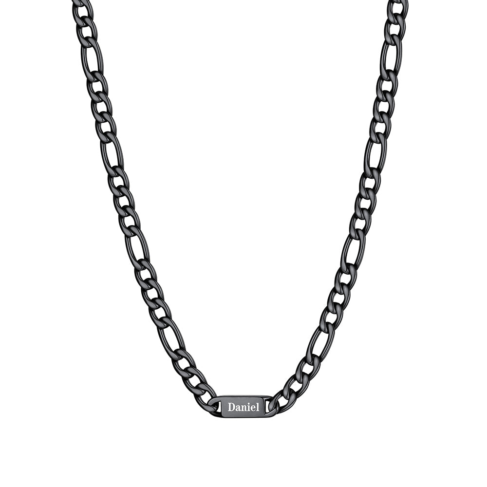 7mm 1 Name Figaro Chain Necklace Black Plated