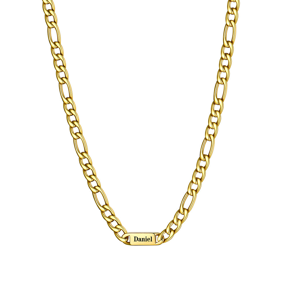 7mm 1 Name Figaro Chain Necklace Gold Plated