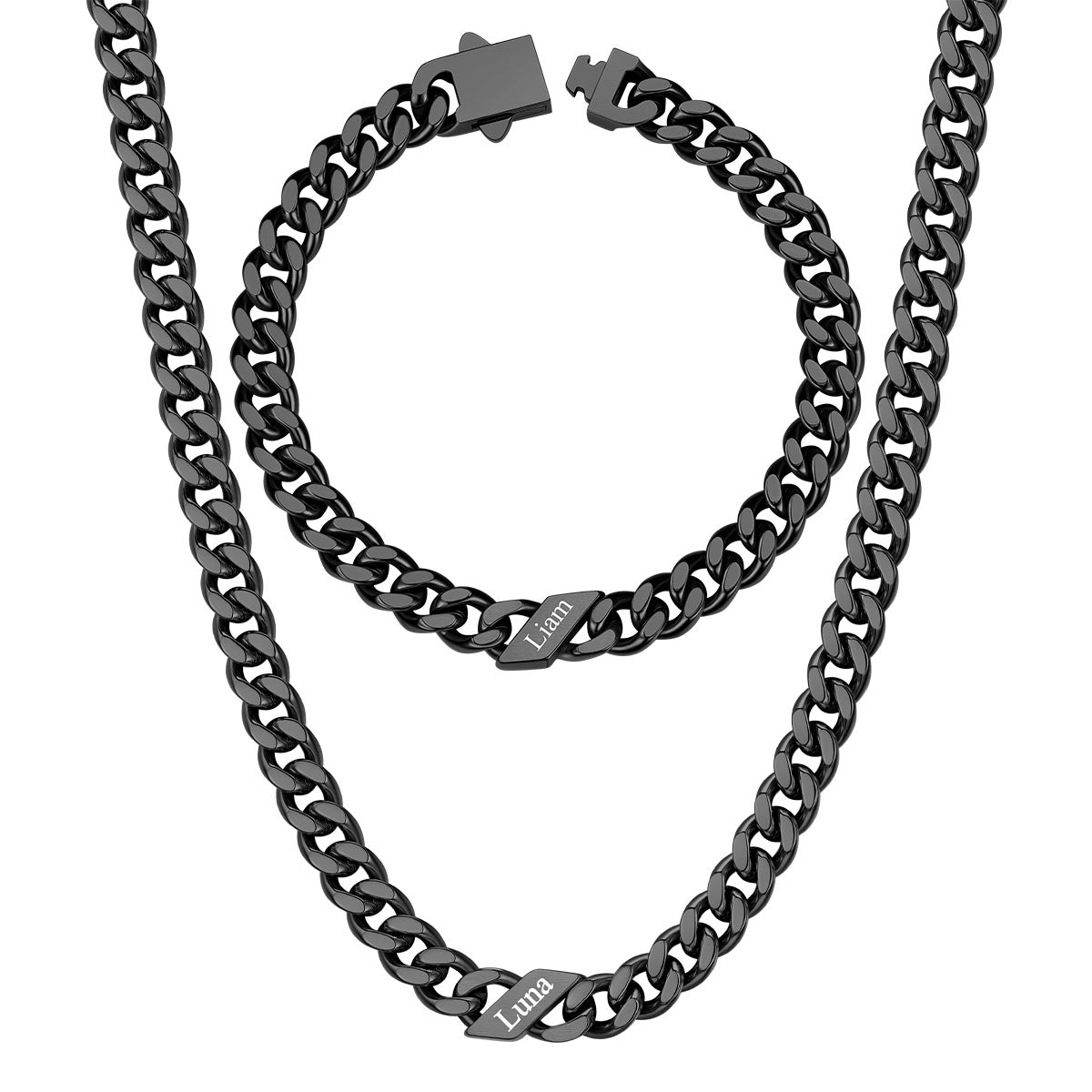 7mm Custom 1 name Name Cuban Link Necklace Bracelet Set on a white background Black Plated