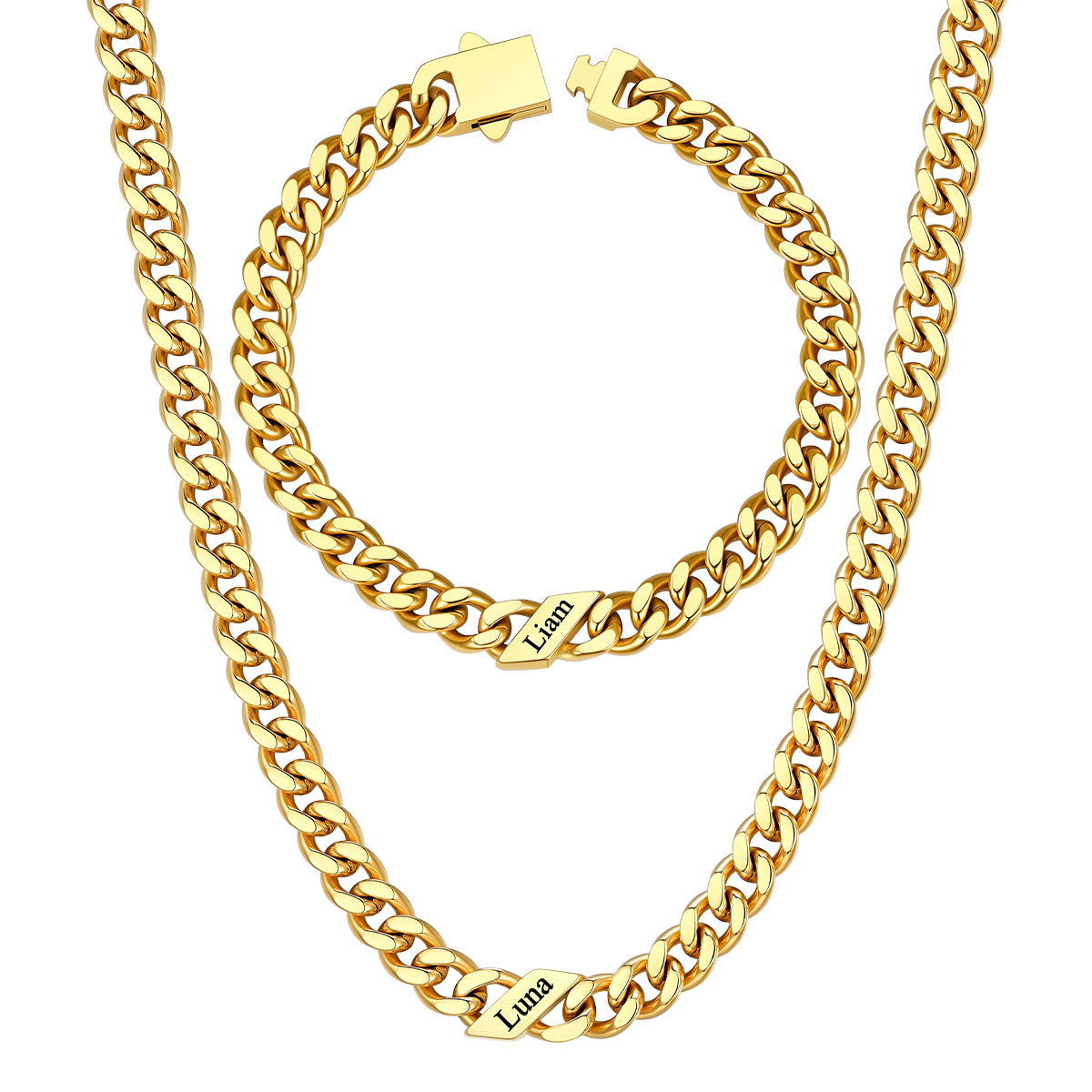 7mm Custom 1 name Name Cuban Link Necklace Bracelet Set on a white background Gold Plated