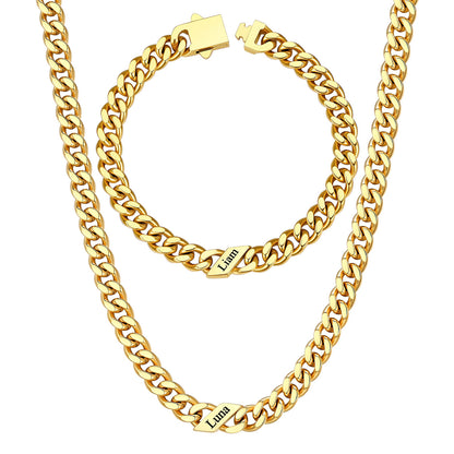 7mm Custom 1 name Name Cuban Link Necklace Bracelet Set on a white background Gold Plated