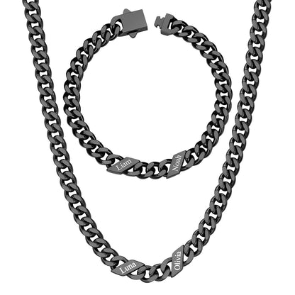 7mm Custom 2 name Name Cuban Link Necklace Bracelet Set on a white background Black Plated