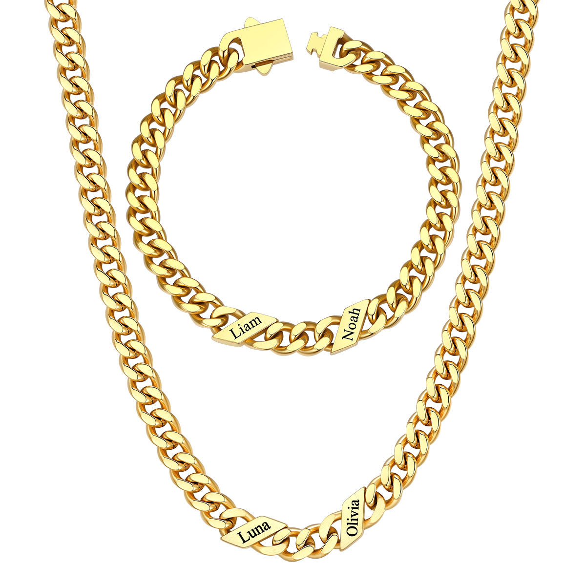 7mm Custom 2 name Name Cuban Link Necklace Bracelet Set on a white background Gold Plated