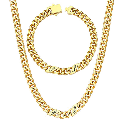 7mm Custom 2 name Name Cuban Link Necklace Bracelet Set on a white background Gold Plated