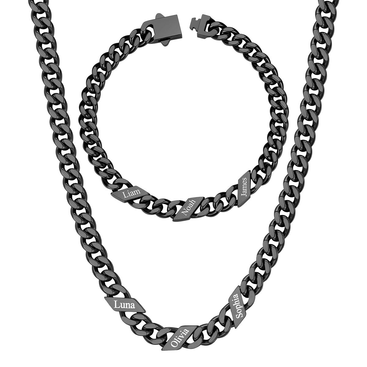7mm Custom 3 name Name Cuban Link Necklace Bracelet Set on a white background Black Plated