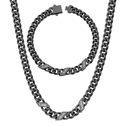 7mm Custom 3 name Name Cuban Link Necklace Bracelet Set on a white background Black Plated