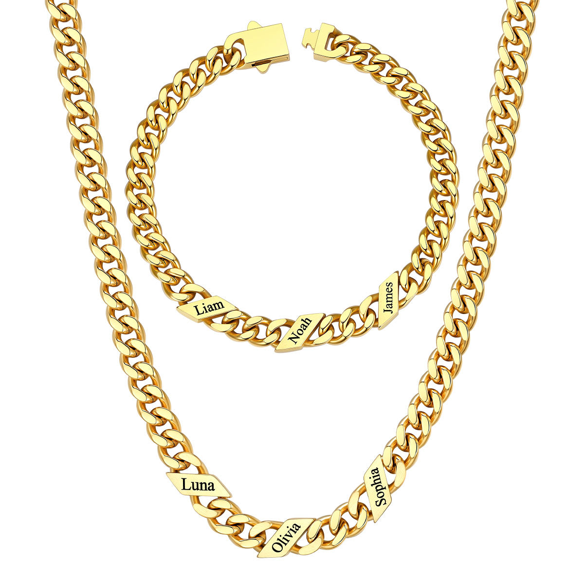 7mm Custom 3 name Name Cuban Link Necklace Bracelet Set on a white background Gold Plated
