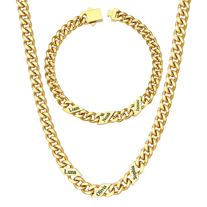 7mm Custom 3 name Name Cuban Link Necklace Bracelet Set on a white background Gold Plated