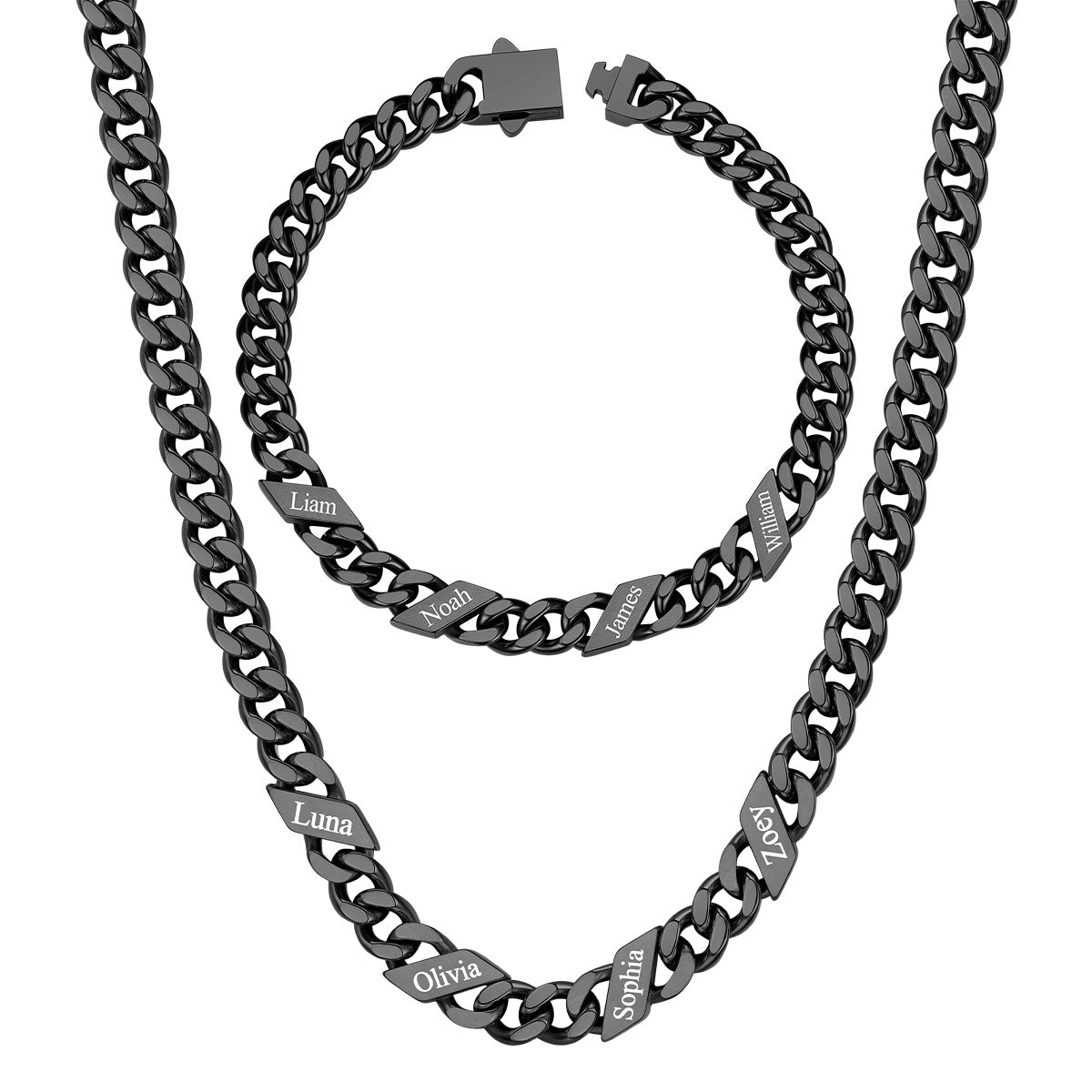 7mm Custom 4 name Name Cuban Link Necklace Bracelet Set on a white background Black Plated