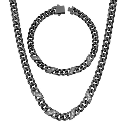7mm Custom 4 name Name Cuban Link Necklace Bracelet Set on a white background Black Plated
