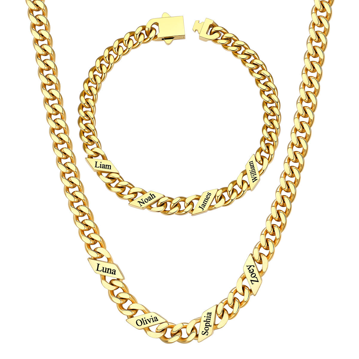 7mm Custom 4 name Name Cuban Link Necklace Bracelet Set on a white background Gold Plated