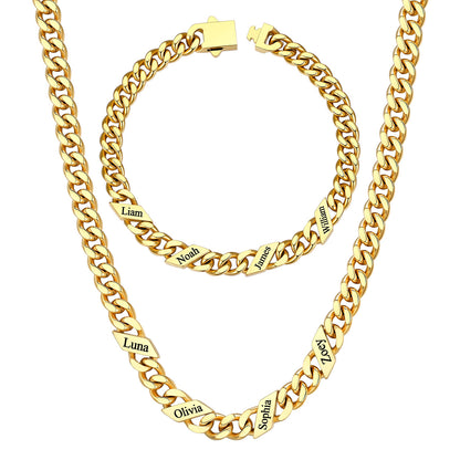 7mm Custom 4 name Name Cuban Link Necklace Bracelet Set on a white background Gold Plated