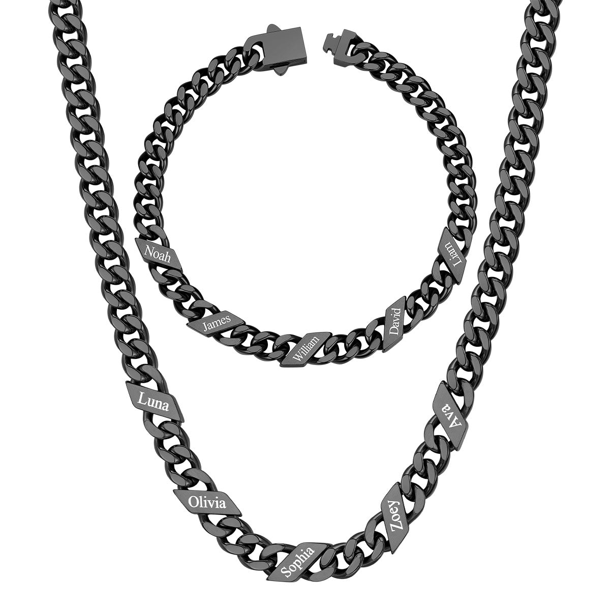 7mm Custom 5 name Name Cuban Link Necklace Bracelet Set on a white background Black Plated