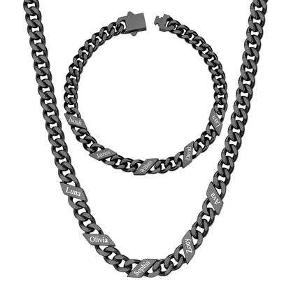 7mm Custom 5 name Name Cuban Link Necklace Bracelet Set on a white background Black Plated