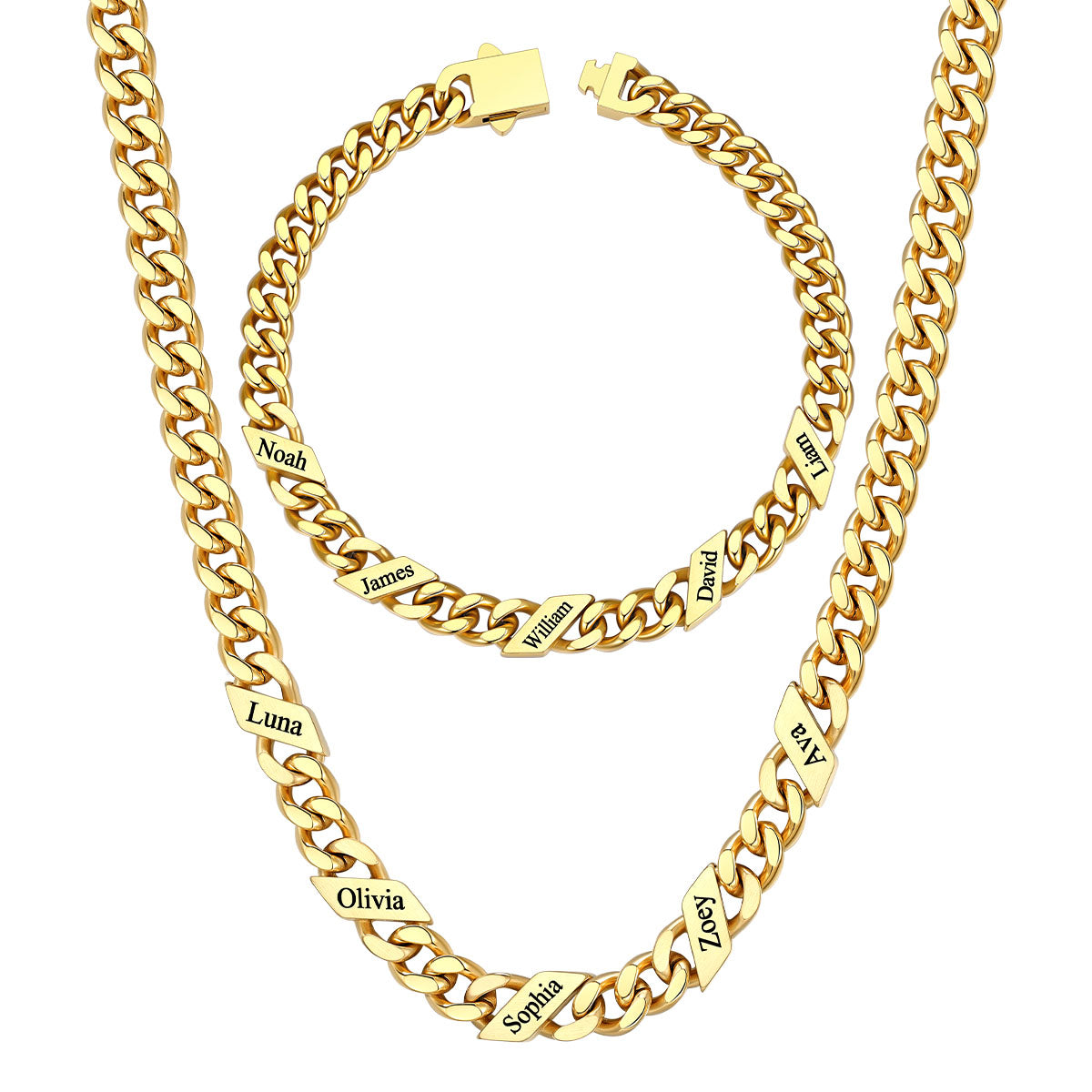 7mm Custom 5 name Name Cuban Link Necklace Bracelet Set on a white background Gold Plated
