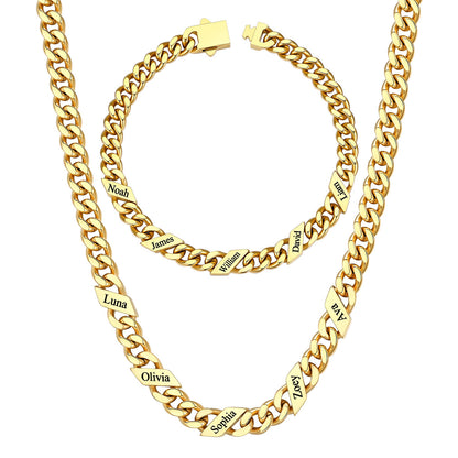 7mm Custom 5 name Name Cuban Link Necklace Bracelet Set on a white background Gold Plated