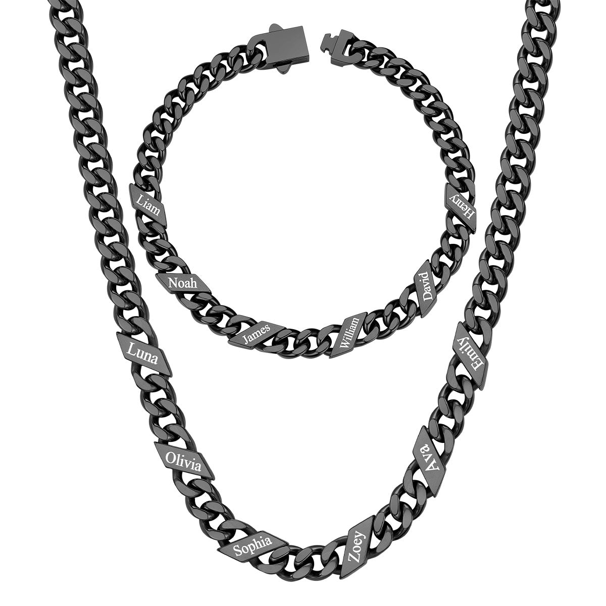 7mm Custom 6 name Name Cuban Link Necklace Bracelet Set on a white background Black Plated