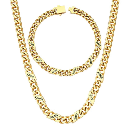 7mm Custom 6 name Name Cuban Link Necklace Bracelet Set on a white background Gold Plated