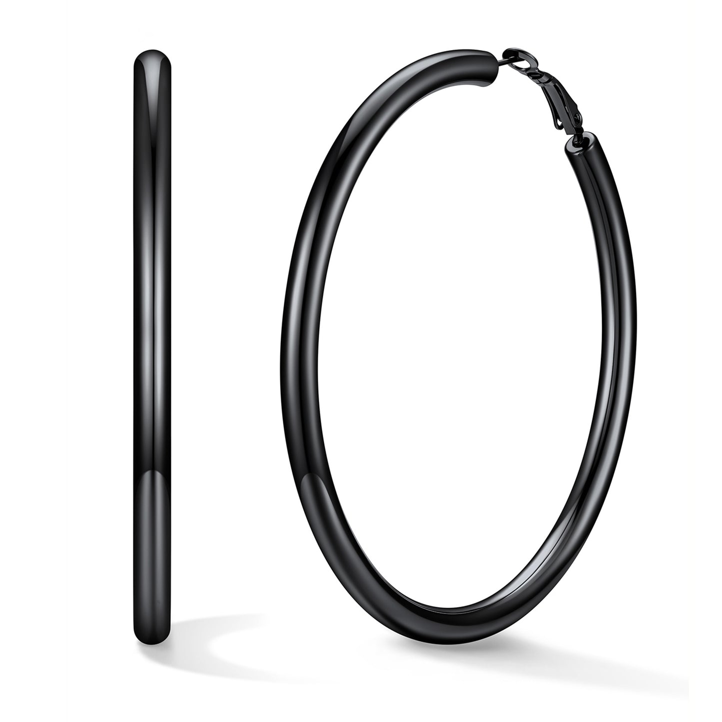 80mm Black hoop earrings on a white background