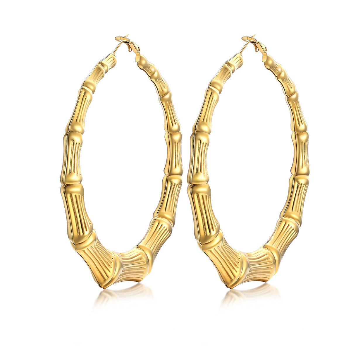 80mm Gold bamboo hoop earrings with bamboo design on a white background