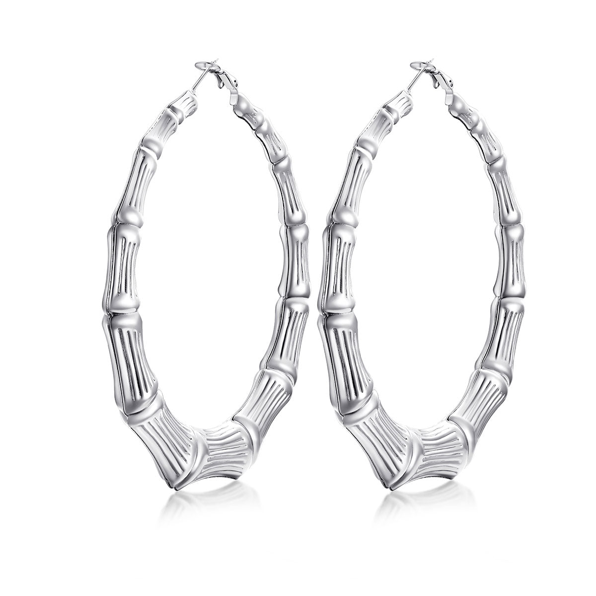 80mm Silver bamboo hoop earrings with bamboo design on a white background