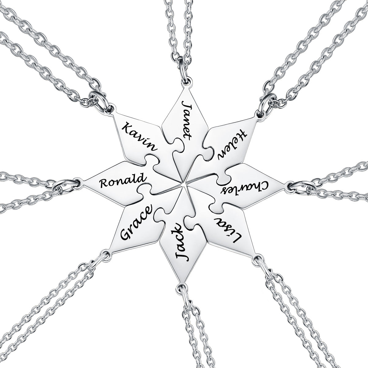 8PCS silver puzzle necklace with interlocking puzzle pieces engraved with names on a white background