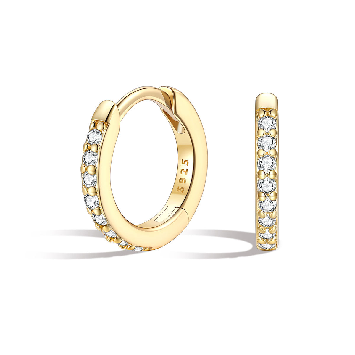 8mm Cubic Zirconia Gold huggie earrings with embedded diamonds on a white background