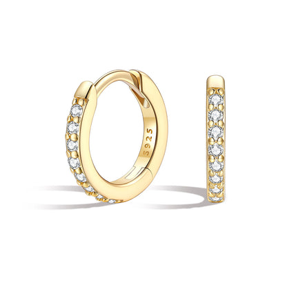 8mm Cubic Zirconia Gold huggie earrings with embedded diamonds on a white background