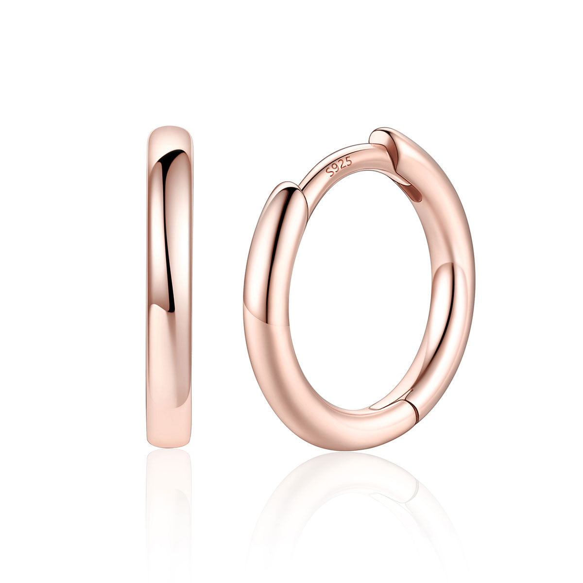 8mm Rose Gold Plated Classic Huggie Earrings for Men Women on a white background