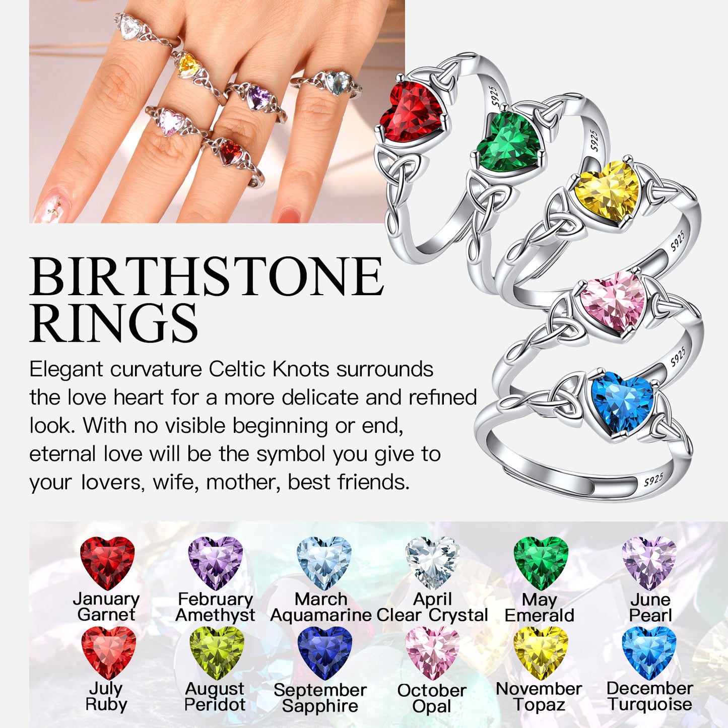 Adjustable Sterling Silver Celtic Knot Birthstone Heart Ring