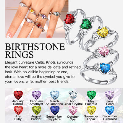 Adjustable Sterling Silver Celtic Knot Birthstone Heart Ring