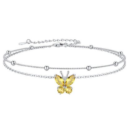 925 Sterling Silver Birthstone Butterfly Layered Anklet For Women