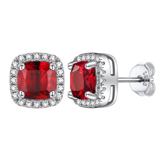 925 Sterling Silver Cushion Cut Halo Birthstone Stud Earrings