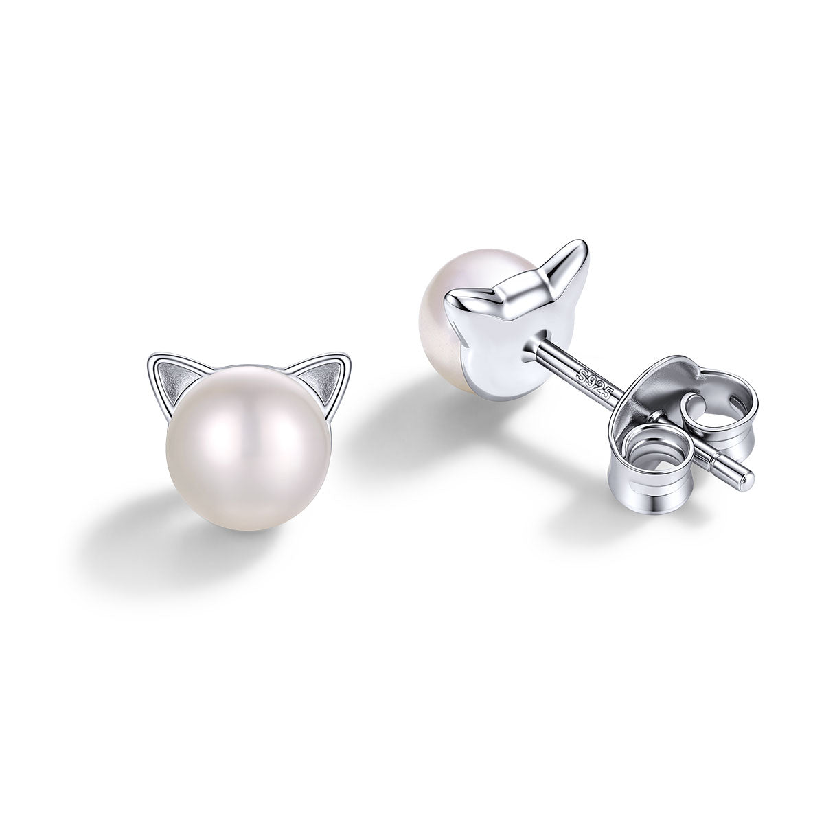 925 Silver Cat Pearl  Stud Earrings on a white background