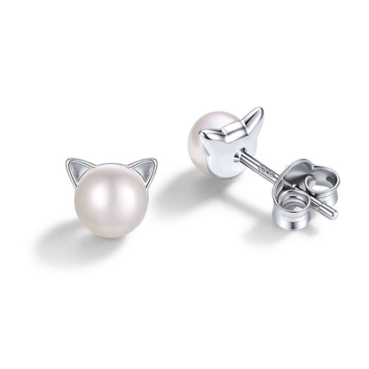 925 Silver Cat Pearl  Stud Earrings on a white background