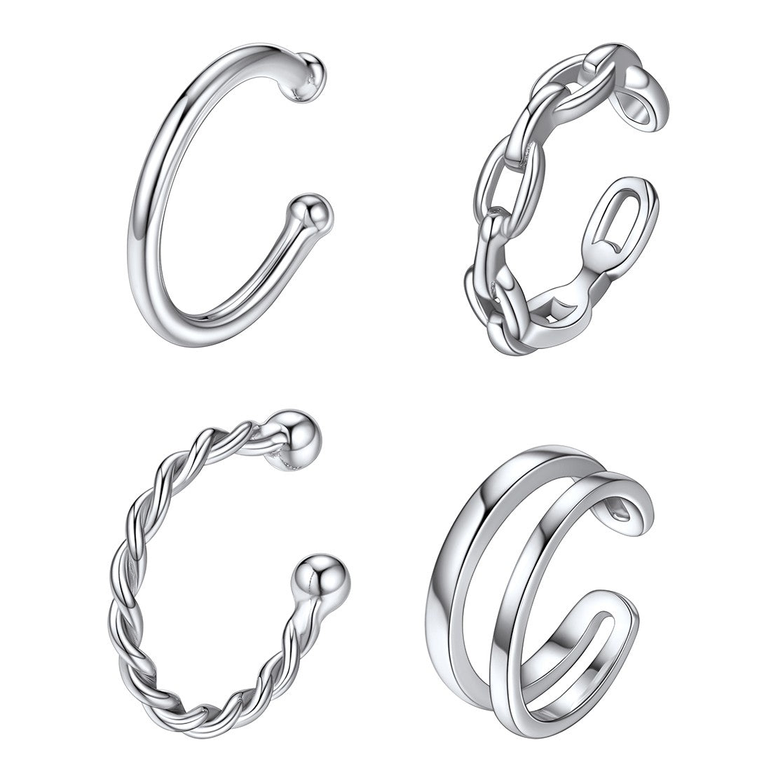 925 Sterling Silver 4Pcs Ear Cuffs Earrings Set Non Piercing