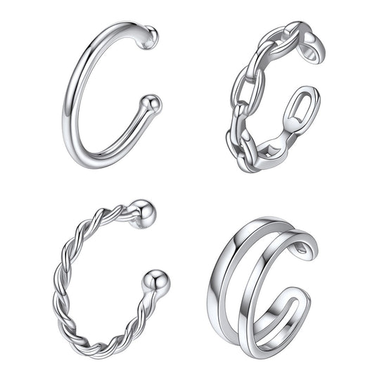 925 Sterling Silver 4Pcs Ear Cuffs Earrings Set Non Piercing