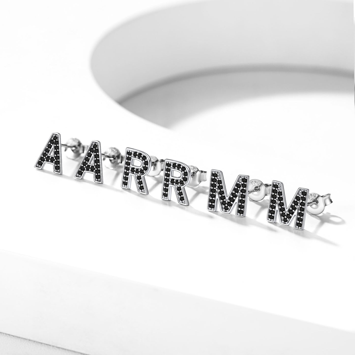 925 Sterling Silver Black CZ Initial Stud Earrings 