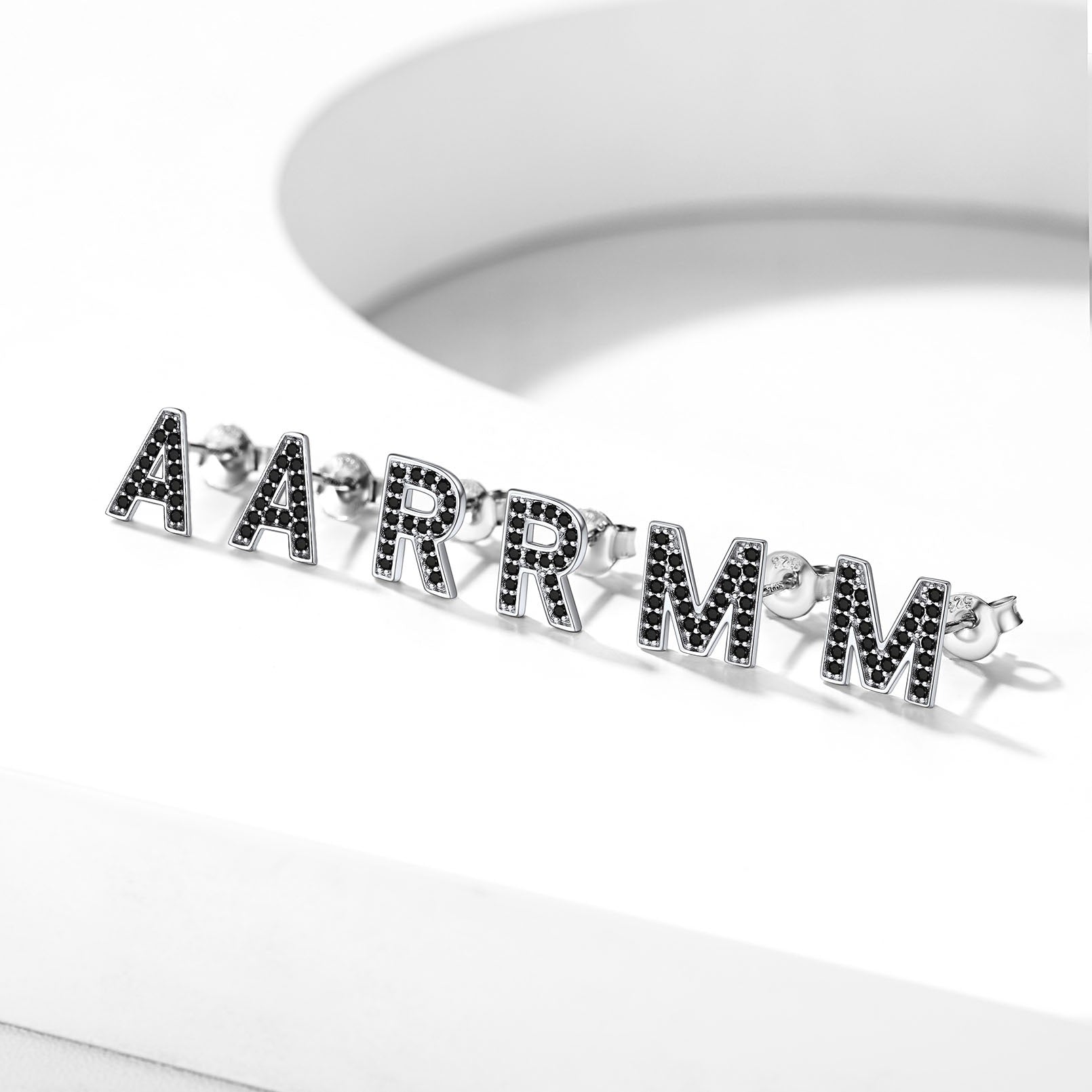 925 Sterling Silver Black CZ Initial Stud Earrings 